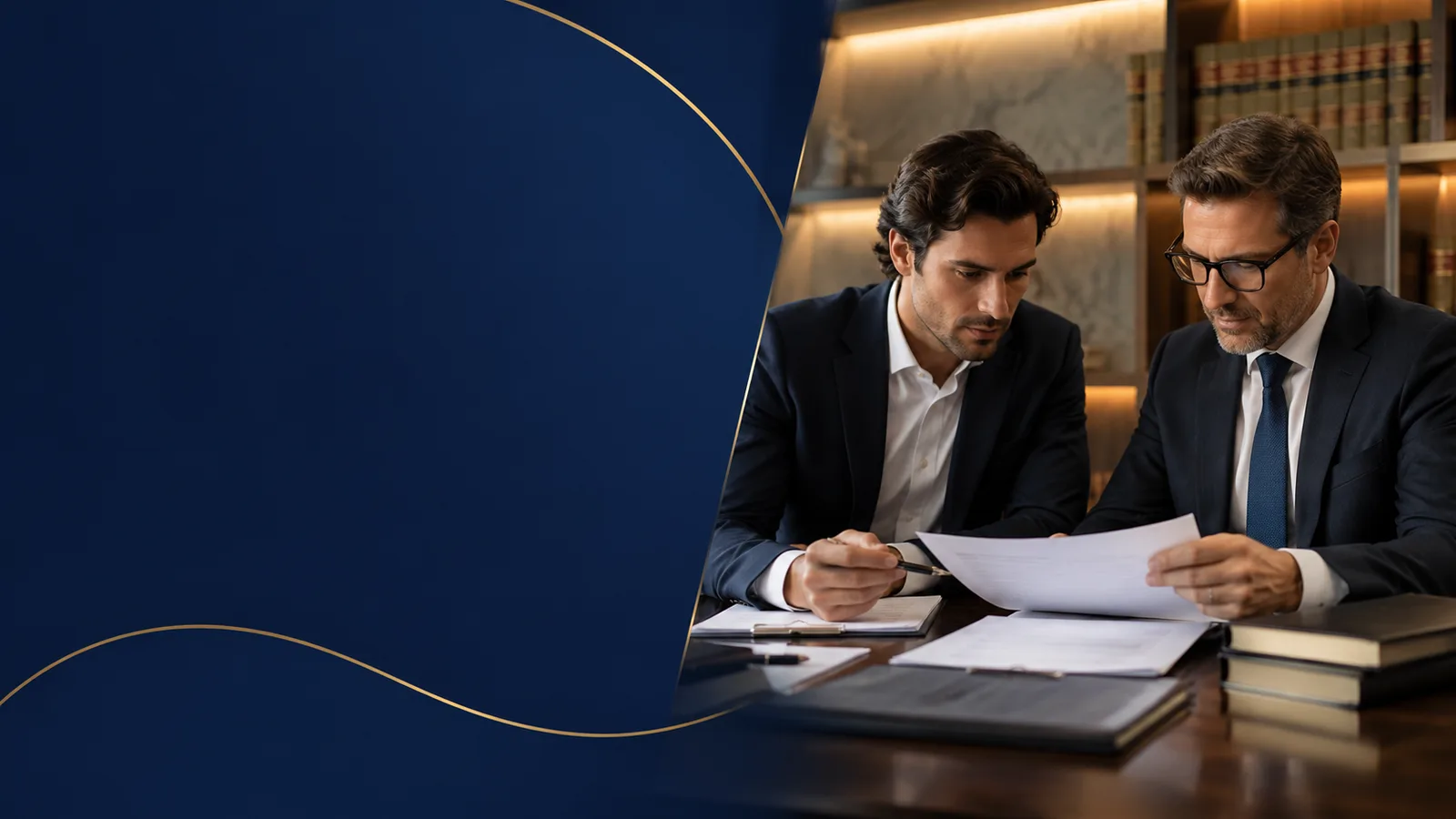 Sócios analisando um acordo empresarial com orientação profissional.