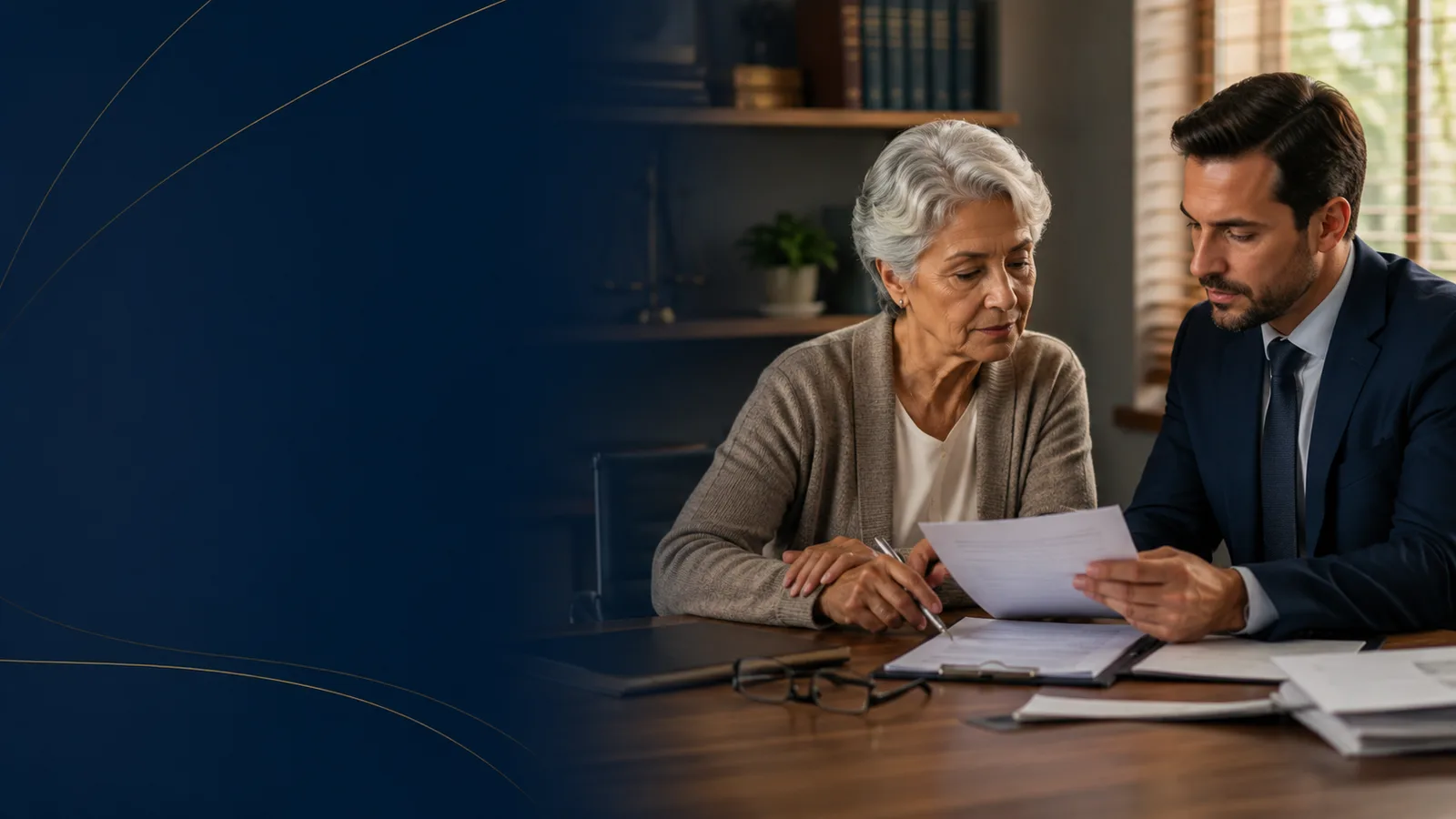 Profissional analisando documentos previdenciários com um cliente em um escritório de advocacia.