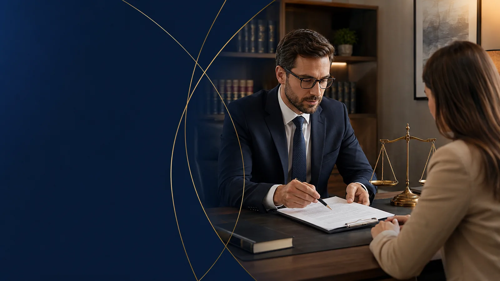 Advogado analisando documentos relacionados à responsabilidade civil e ao dever de indenizar.