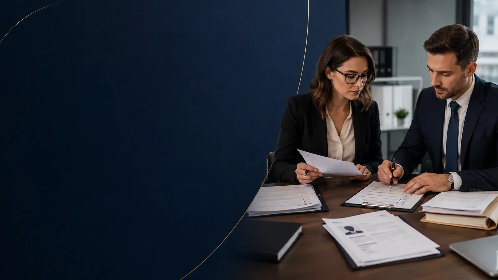 Profissionais revisando documentos e informações durante um processo de contratação.